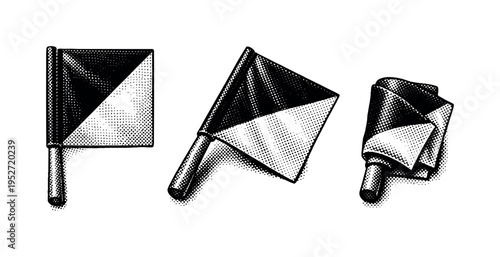 Railway signal flag equipment showing a traditional square railway signal flag attached to a short wooden handle presented in three views: straight, angled,