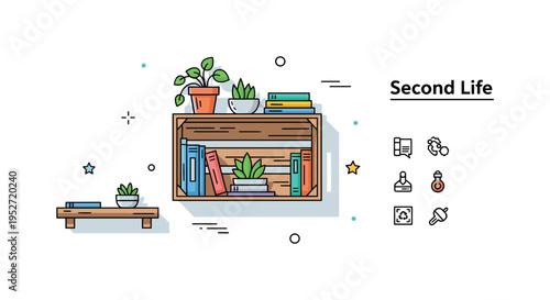 Repurposed wooden crate shelf scene featuring a single crate mounted on a wall with small plants and books arranged neatly inside, symbolizing rustic charm and