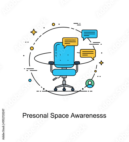Personal space awareness office chair surrounded by a subtle circular outline while incoming chat bubbles remain outside the circle, suggesting mindful
