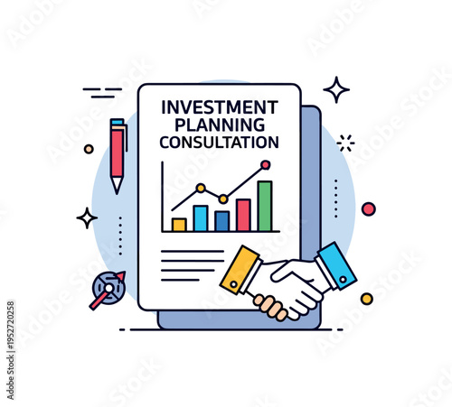 Investment planning consultation concept visualized through a document with growth chart and small handshake icon, symbolizing advisory services and strategic