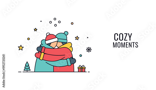 Winter celebration cuddle shown with two people hugging in warm coats and a small snowfall detail above. A subtle ?Cozy Moments? label reinforces affection and