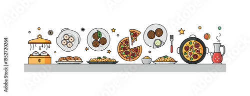 A collection of dishes from different countries, including dim sum, pizza, falafel, and paella, arranged neatly on a table, conveying international cuisine