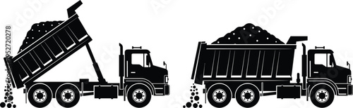 Dump truck silhouette set with tipping and loaded positions isolated on white background, construction vehicle, heavy equipment, industry, gravel hauling, engineering concept illustration