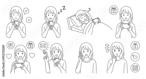 a young womans daily digital life showcasing various emotions and activities related to smartphone usage and mobile apps.