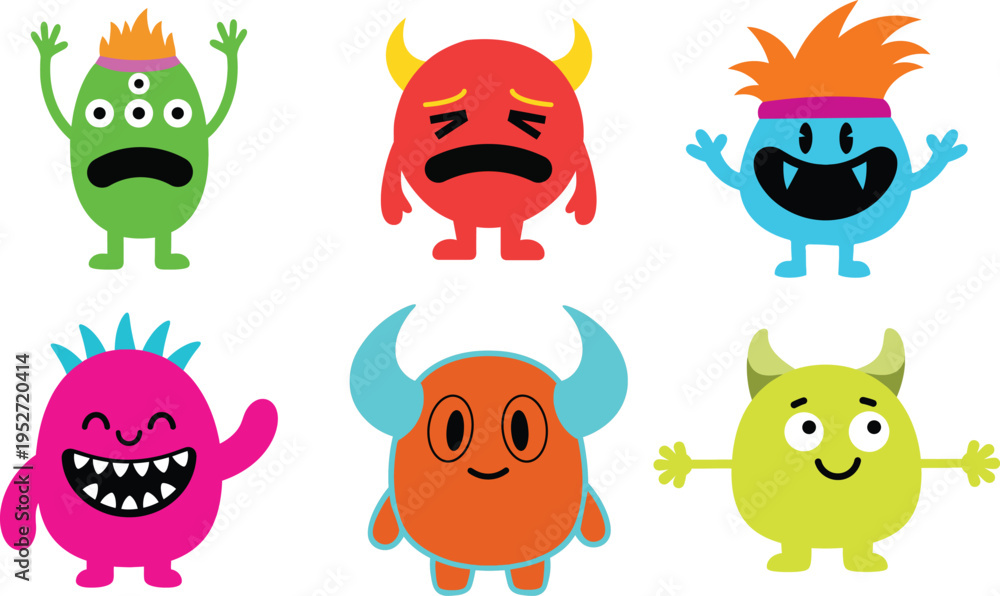 Fototapeta premium Vibrant cartoon monsters graphic illustration design for kids' entertainment and educational materials.