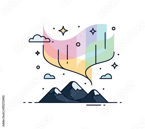 Northern lights over hills centered on flowing colorful aurora shapes above simplified dark mountains, with small star icons enhancing the night sky