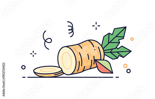 Fresh horseradish ingredient concept featuring a single textured root sliced open to reveal its pale interior. Small aroma swirl lines and a clean geometric
