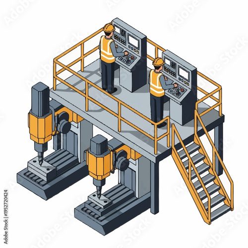 Isometric illustration of industrial workers operating CNC milling machines in a factory setting.