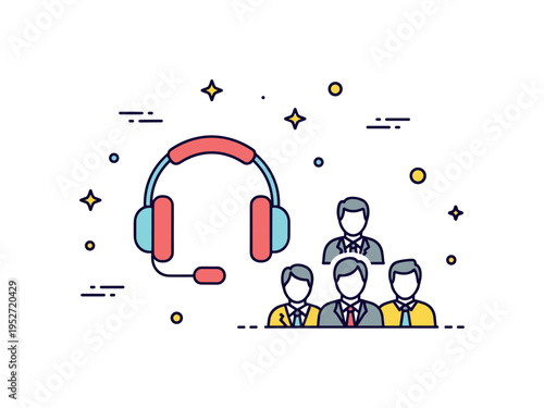 Business conference call concept centered on a headset icon paired with a small group of participant silhouettes, suggesting professional communication and