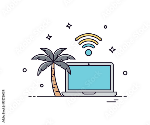 Digital nomad gig economy lifestyle illustrated by a minimal laptop placed beside a small palm tree silhouette and soft WiFi symbol above. The scene conveys