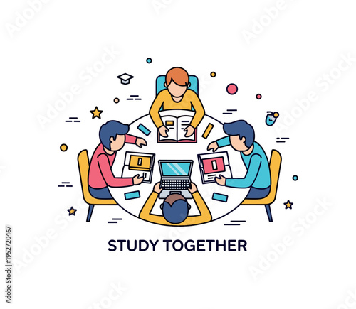 Group study sessions with three students seated around a round table sharing books and a laptop, expressing collaboration and collective learning energy. A