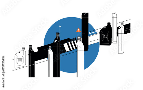 Black and white fuel tank cylinders arranged in rhythmic geometric pattern, large flat blue circle anchoring background, thin upward arrow line integrated