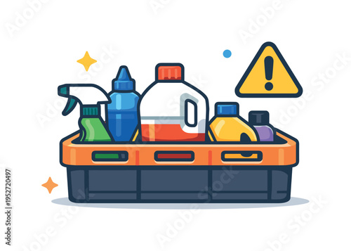 Garage utility storage for cleaning chemicals sturdy storage crate with clearly separated bottles and a simple hazard icon emphasizing careful placement and