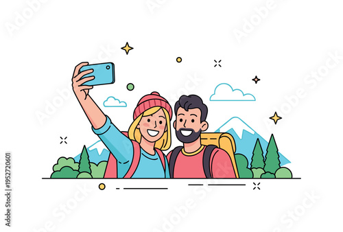 Two friends taking a selfie outdoors with bright smiles and scenic background, emphasizing memorable moments, joy, and shared adventures. Minimalist flat