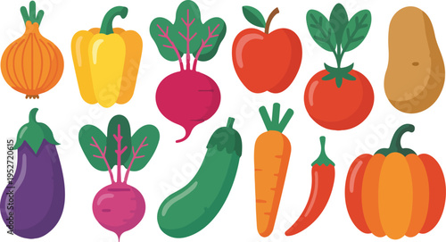Minimalist cute cartoon vegetable vector collection with carrot, tomato, broccoli and pepper, colorful healthy kids illustration