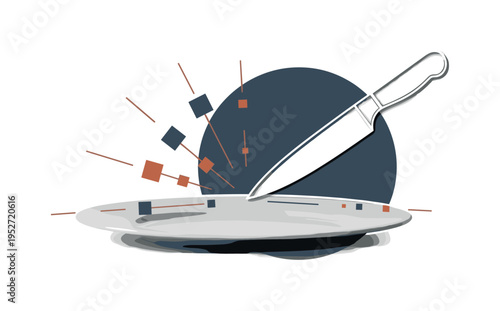 A monochrome close-up of a knife tip touching a geometric circular plate, abstract blocks and lines radiating outward to symbolize sharpness and precision,