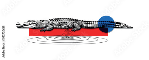 Black and white crocodile in side profile, bold red horizontal block beneath body representing water surface, blue circular accent overlapping tail, thin