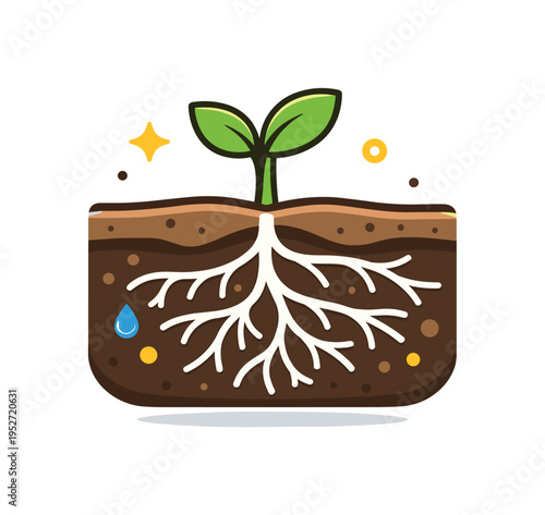 Tree roots underground network spreading through rich soil while a small sprout grows above the surface symbolizing growth supported by invisible natural