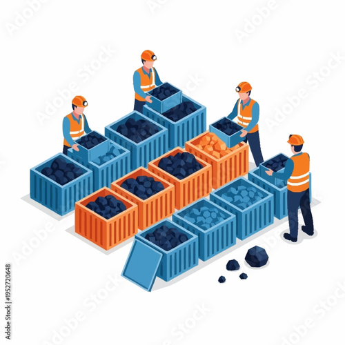Isometric illustration of miners sorting and processing coal in a mining operation.