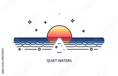 Sunset over ocean reflective evening scene with layered wave lines and a small path of light leading toward the horizon, expressing calm transition and closure