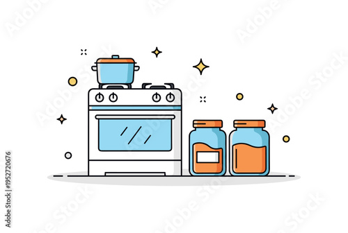 Clean cooking area concept featuring a simplified stove silhouette with neatly placed storage jars beside it, expressing readiness and visual clarity. The
