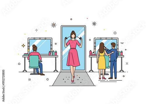 A top model rehearsing runway walk with mirrors and stylists backstage, emphasizing discipline, elegance, and fashion industry preparation. Minimalist flat