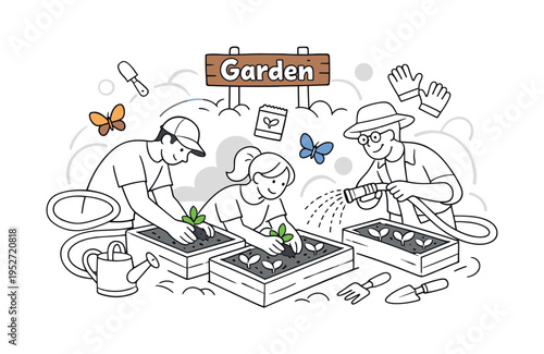 Community garden in the city. Neighbors planting seedlings together, hands placing small plants into soil boxes, watering hose looping around. Friendly