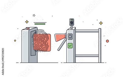 Fingerprint scanning at public transport entry gates shown through a large fingerprint icon integrated into a turnstile with a small green check