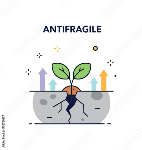 Antifragile mindset concept illustrated by a small plant growing through a crack in a stone surface with subtle upward arrow accents, expressing strength