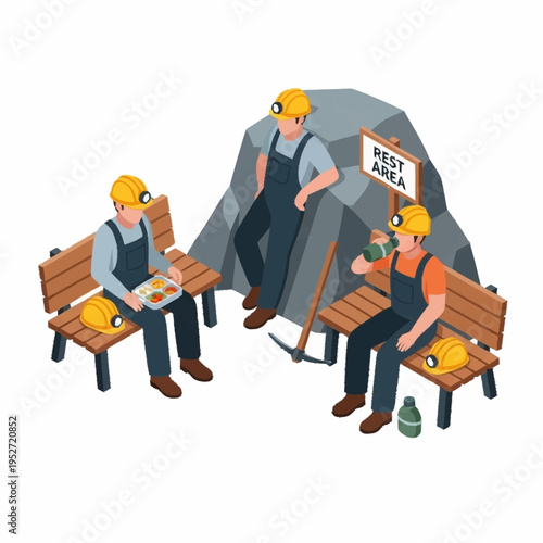 Isometric illustration of miners taking a break in a rest area.