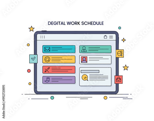 Digital work schedule displayed on a tablet screen with color-coded tasks and reminders, highlighting modern planning, organization, and efficiency. Minimalist