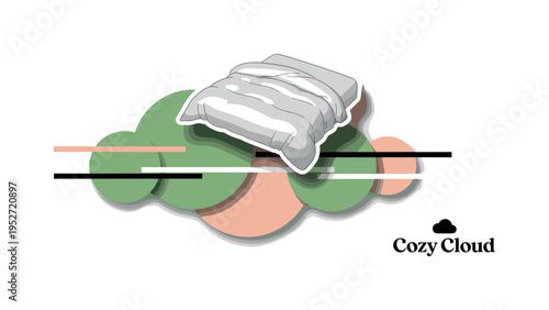 A realistic monochrome duvet floating slightly as if filled with air, bold circular shapes beneath it suggesting comfort and protection, thin linear elements