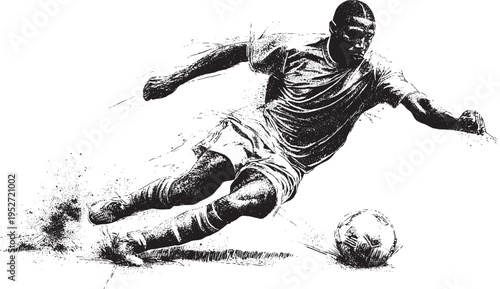 A grunge-style vector illustration of ink splatter from a soccer player kicking the ball.