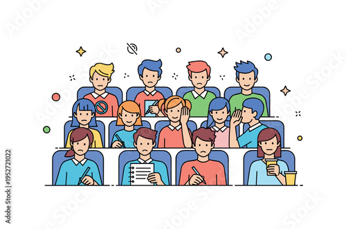 Audience behavior studies illustrating social cues in a lecture hall, showing nodding, note-taking, and whispering between peers, emphasizing interaction