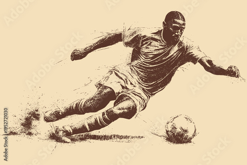 A grunge-style vector illustration of ink splatter from a soccer player kicking the ball.