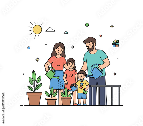 Family watering potted plants on a sunny balcony, children holding small watering cans and parents guiding, showing nurturing, bonding, and everyday nature