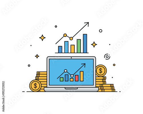 Side hustle income growth showing a laptop with a small upward chart and coin icons representing entrepreneurial ambition and diversified revenue streams.