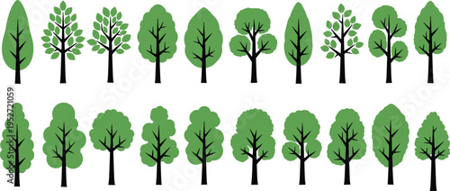 Stylized illustration of multiple tree designs with green foliage, varied canopy shapes and sizes, minimal figures representing nature, environment, and landscape artwork concepts