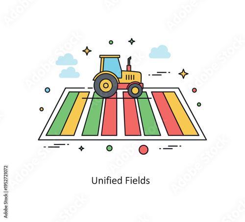 State directed farming concept illustrated by a single tractor icon working across a wide shared field layout, symbolizing mechanization and centralized