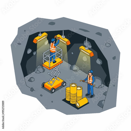 Isometric illustration of miners working in a cave, installing lights and stacking gold bars.