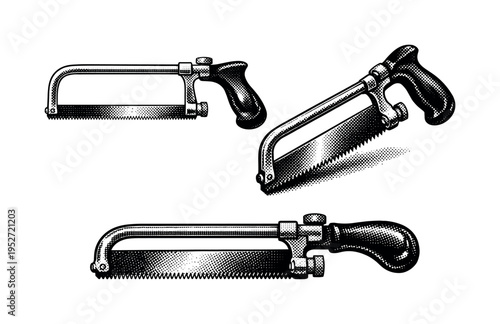 Vintage surgical bone saw medical device showing a classic orthopedic hand bone saw with metal frame and serrated blade presented in three views: side, angled,