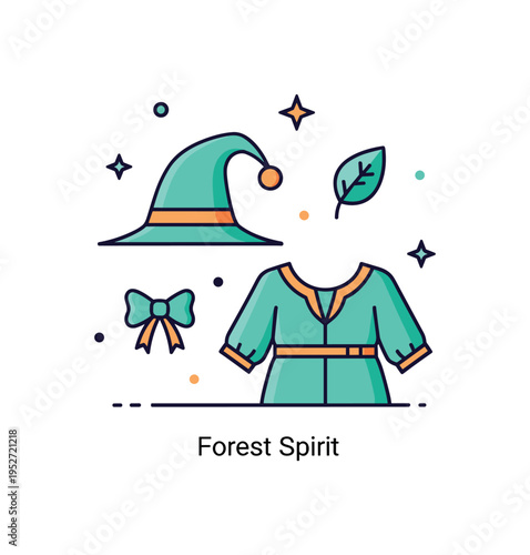 Fairy tale costumes woodland elf outfit showing a pointed hat and tunic silhouette accompanied by a small leaf icon and bow detail, symbolizing connection to