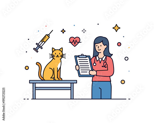 Animal clinic checkup scene illustrated by a cat sitting calmly on an examination table while a veterinarian holds a clipboard, with subtle syringe and heart