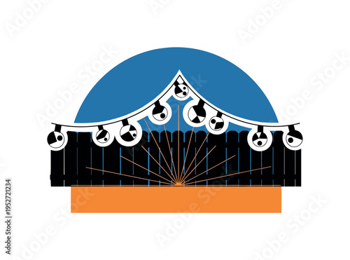 Black and white backyard fence silhouette with hanging string lights abstracted into geometric dots, large blue semicircle framing upper area, orange