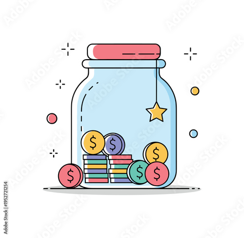 Childhood piggy jar alternative simple coin jar with colorful coins and a subtle star accent, symbolizing early lessons in money management. A friendly concept