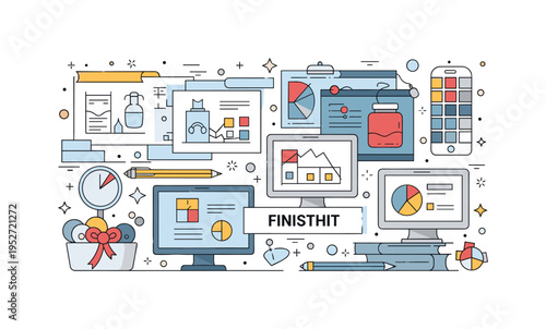 Designers presenting a finished product with sketches, swatches, and mockups, emphasizing innovation, accomplishment, and the creative process. Minimalist flat