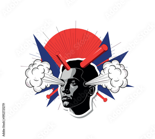 Black and white retro male portrait with exaggerated steam clouds bursting from both ears, bold red geometric circle behind the head like rising heat, deep
