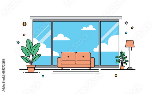 Open space apartment with floor to ceiling glass showing a simple sofa silhouette and wide sky backdrop, symbolizing freedom and contemporary lifestyle. The