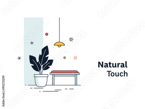 Scandinavian style indoor plant accent with a minimal pot and leafy silhouette placed near a simple bench, representing subtle greenery and natural freshness