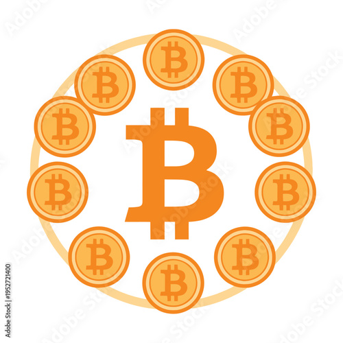 Vector of a bitcoin symbol surrounded by multiple gold coins